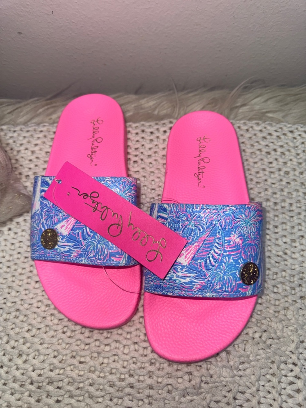 Lilly Pulitzer Pink Blue Palm-Print Slide Sandals